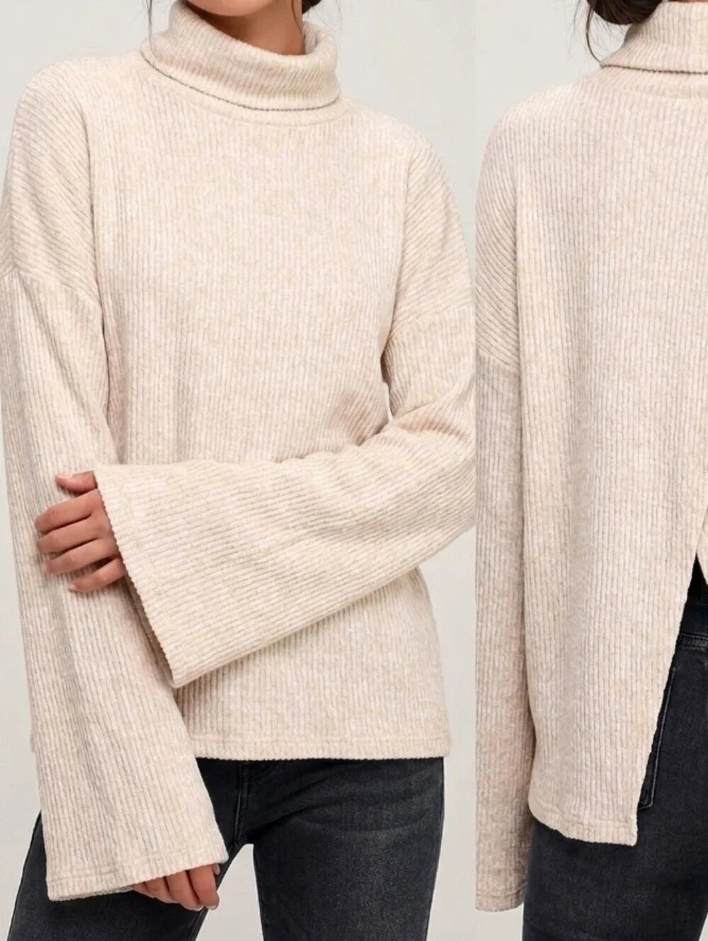Lulus Cream Knit Turtleneck Bell Sleeve Overlap Split Back Sweater, XS, NWT